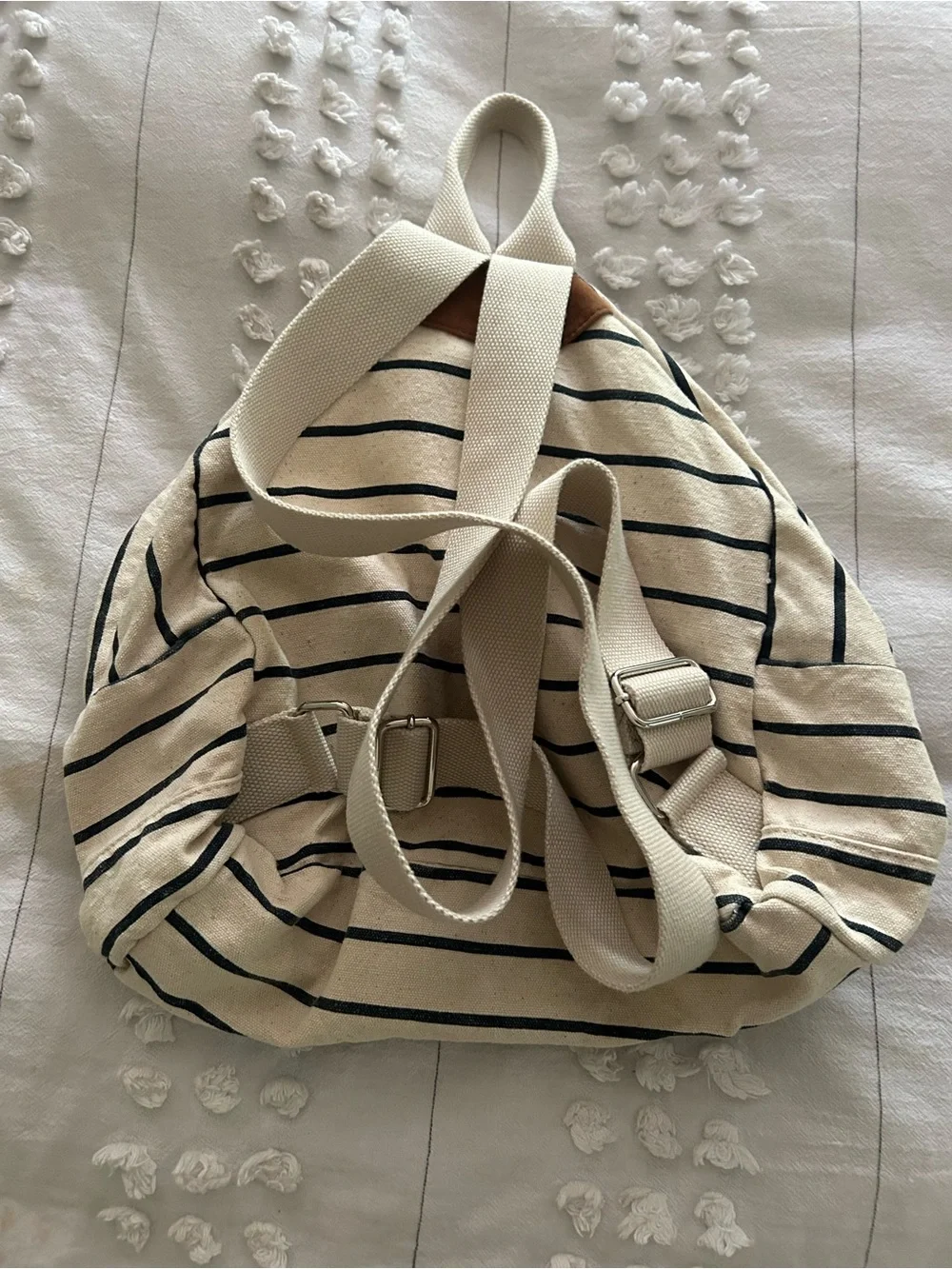 Striped Cream and Black Canvas Backpack with Front Pocket